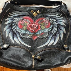Isabella Fiore Black Leather Bag with Heart and Wings Design